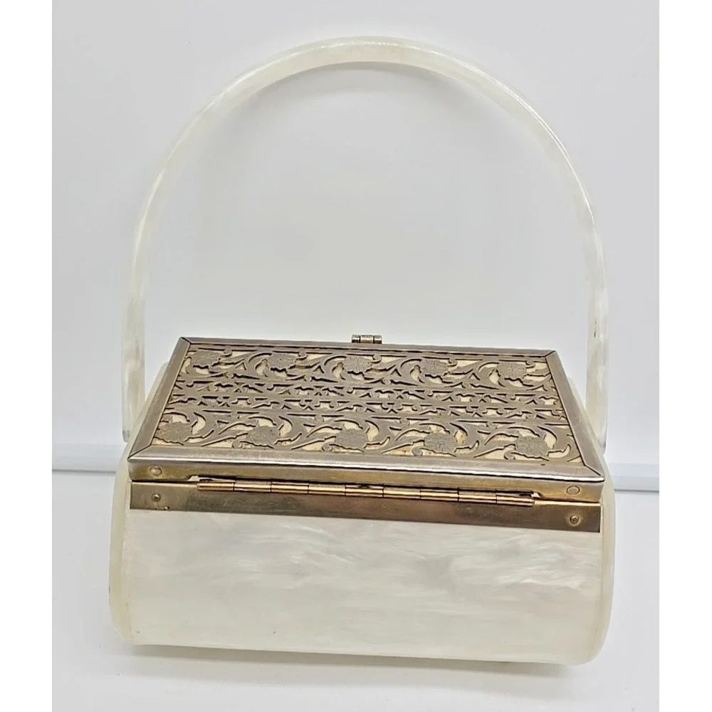 Vtg Tyrolene Lucite Purse Metal Filigree Single‎ Handle 1940's Mid Century Purse